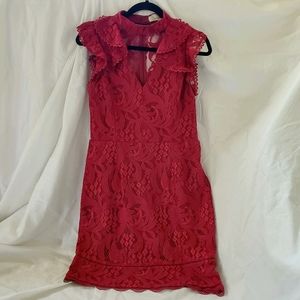 Adelyn Rae Bordeaux Lace Dress w/ flutter sleeves